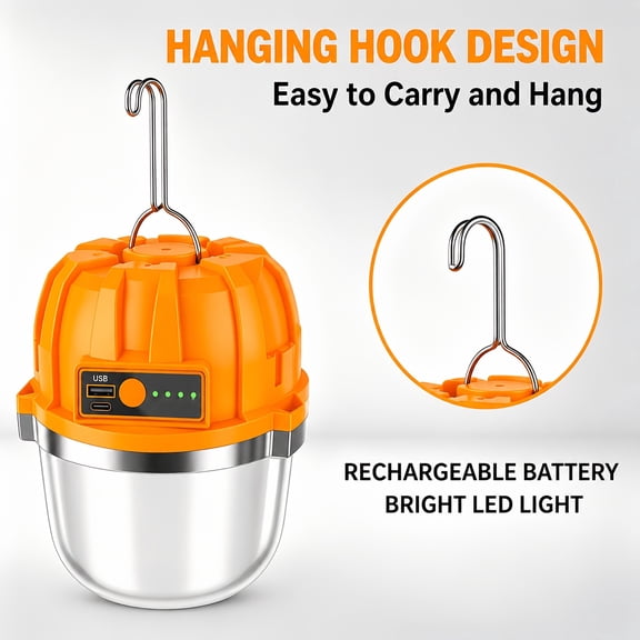 USB Rechargeable Orange Pumpkin Camping Lantern with Hanging Hook, 3 Brightness Modes & 4-Segment Power Indicator, Portable Tent Light for Hiking Fishing Emergency RV Picnic Blackout Outdoor Travel