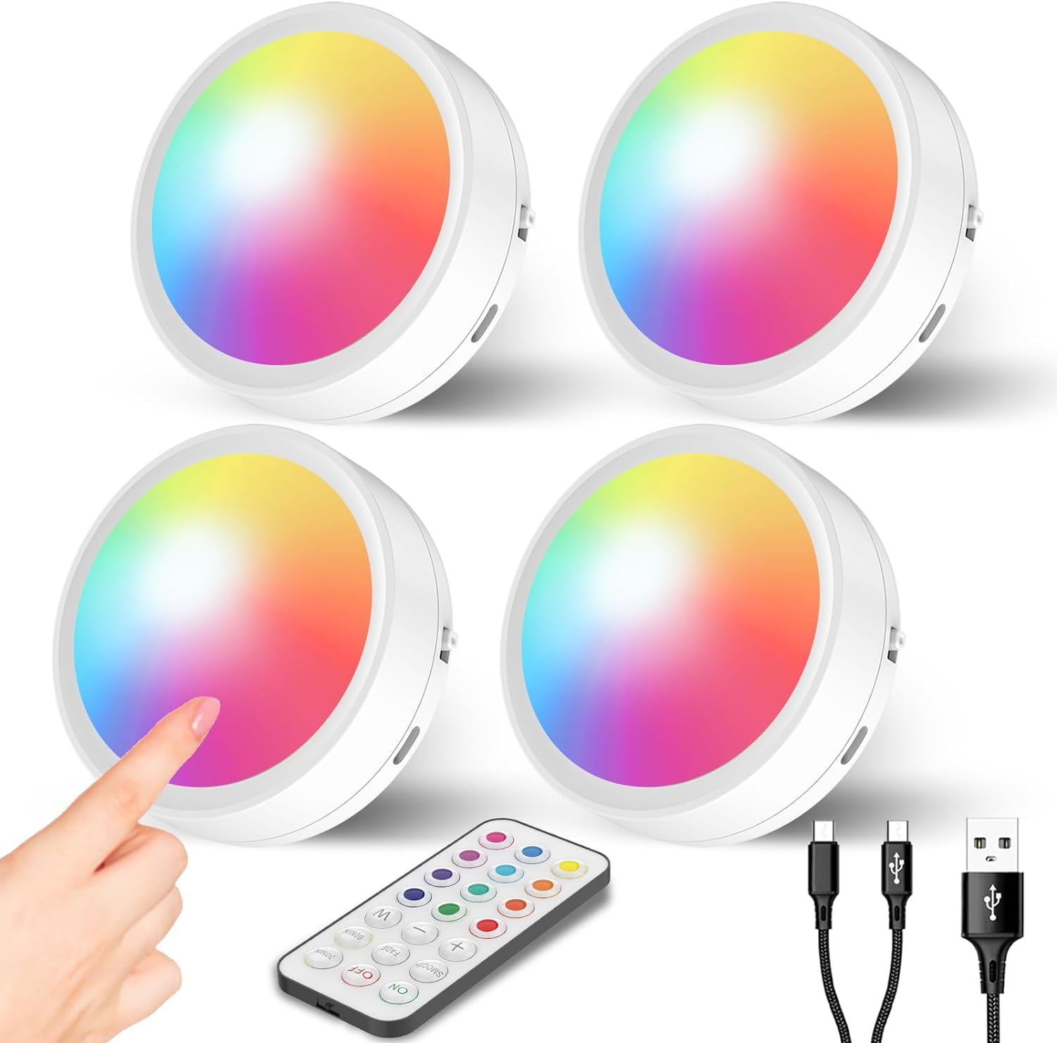 USB Rechargeable Puck Lights with Remote Control, RGB Colored 1600mAh