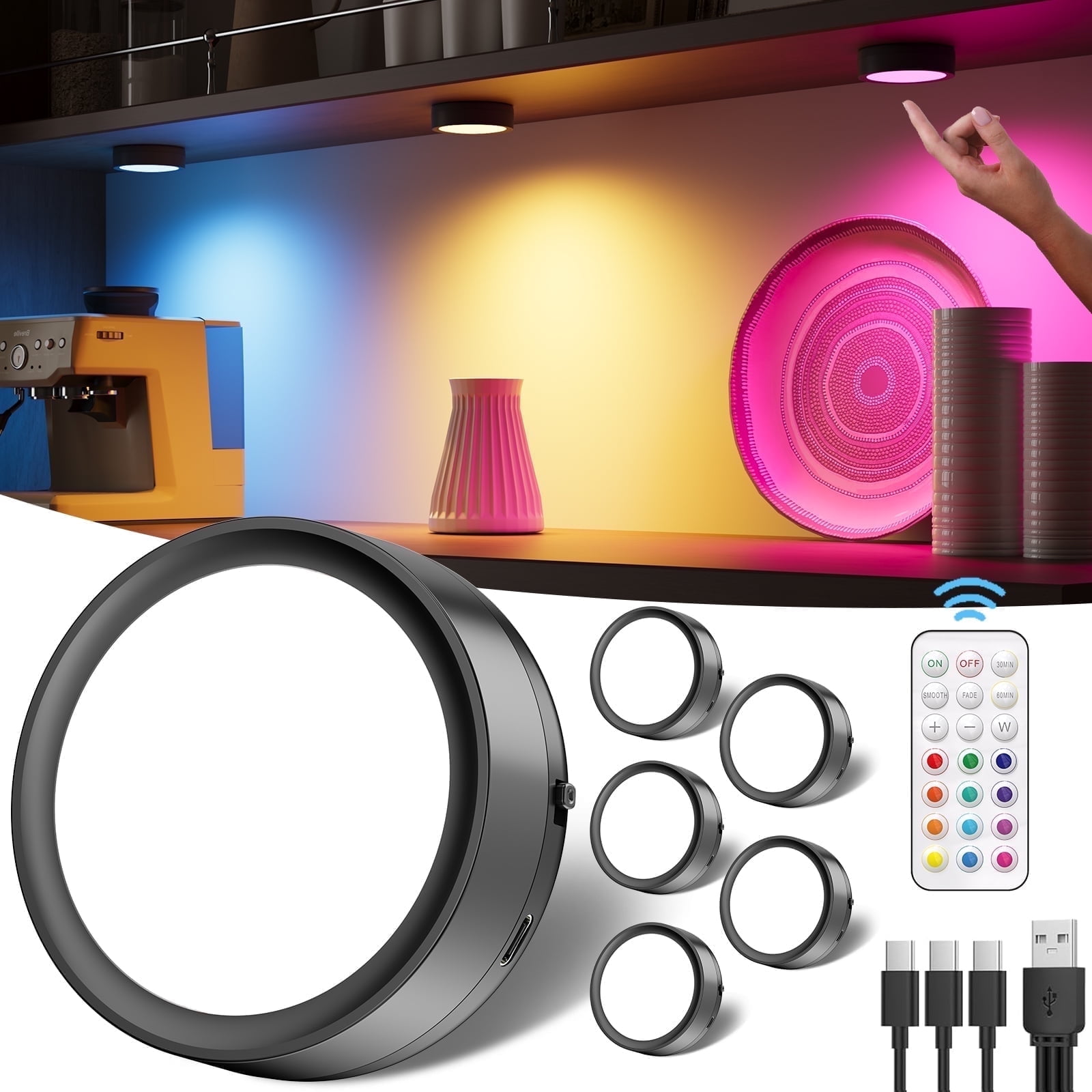 USB Rechargeable RGB Puck Lights with Remote 2400mAh Battery Operated Black Tap Light Magnetic Push Stick On Closet Lights Wireless LED Night Light Under Cabinet Lighting For Kitchen Counter Shelf