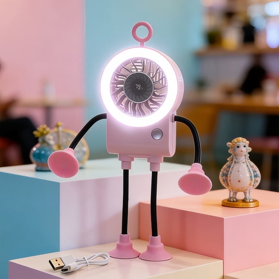 USB Rechargeable Robot Mini Fan, Bendable Suction Cup Handheld Desk Fan with LED Ring Light and Digital Display, Quiet Portable Cooling Fan for Camping Travel(Pink)