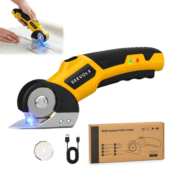 USB Rechargeable SEEVOLX Electric Scissors with Safety Lock, Portable Cordless Cutting Tool Set, Precision Shears for Leather, Fabric, Cardboard, Plastic & Aluminum Sheet Cutting