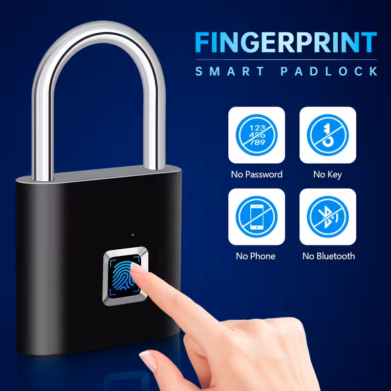 USB Rechargeable Smart Padlock with Fingerprint Recognition, Keyless Security Lock for Home, Office, Backpack, Luggage & Warehouse Black