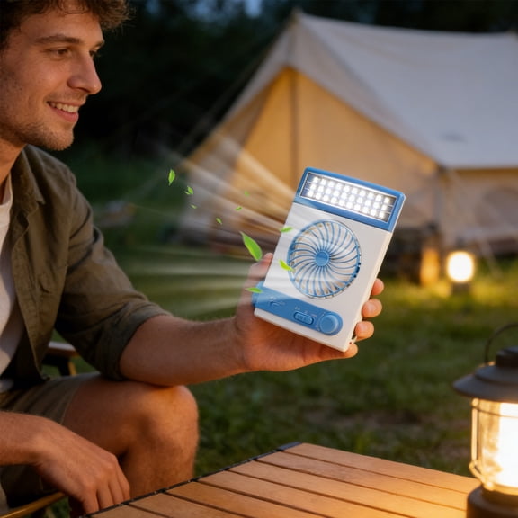 USB Rechargeable Solar Desk Lamp Fan, Multi-Functional LED Cooling Fan, Portable Adjustable Cooler, Compact Gadget for Outdoor Home Office Use