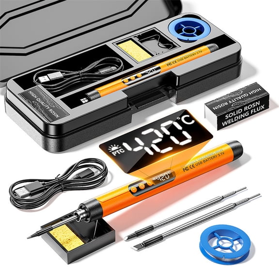 USB Rechargeable Soldering Iron Kit, Digital Display Cordless Soldering Tool, Portable Wireless Soldering Pen Kit for Electronics Repairs, DIY Projects, Home Appliance-Fix Orange