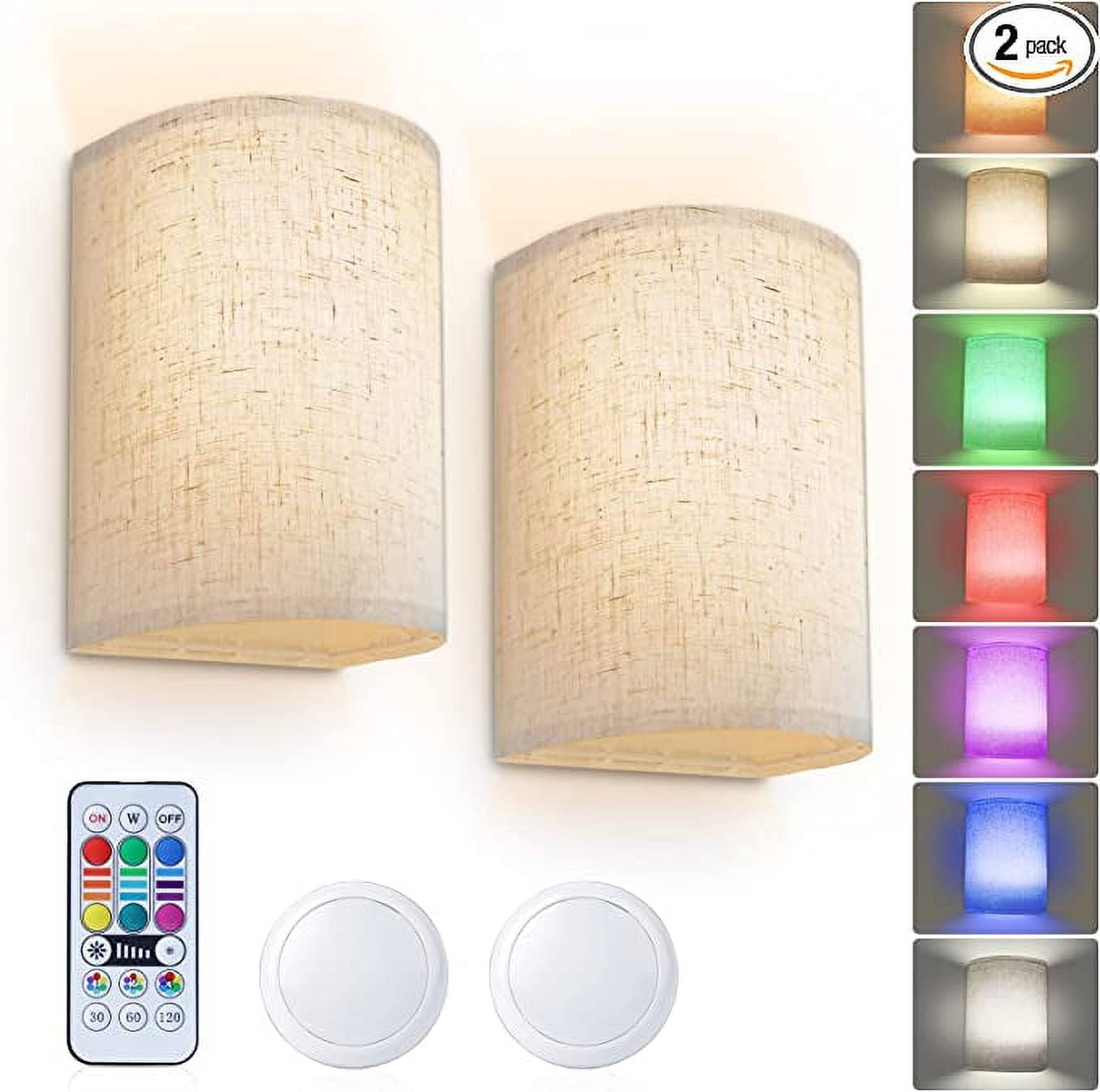 USB Rechargeable Wall Sconce with Fabric Shade Remote Control, RGB Colors Dimmable Wall Lamp Fixtures (2 PACK)