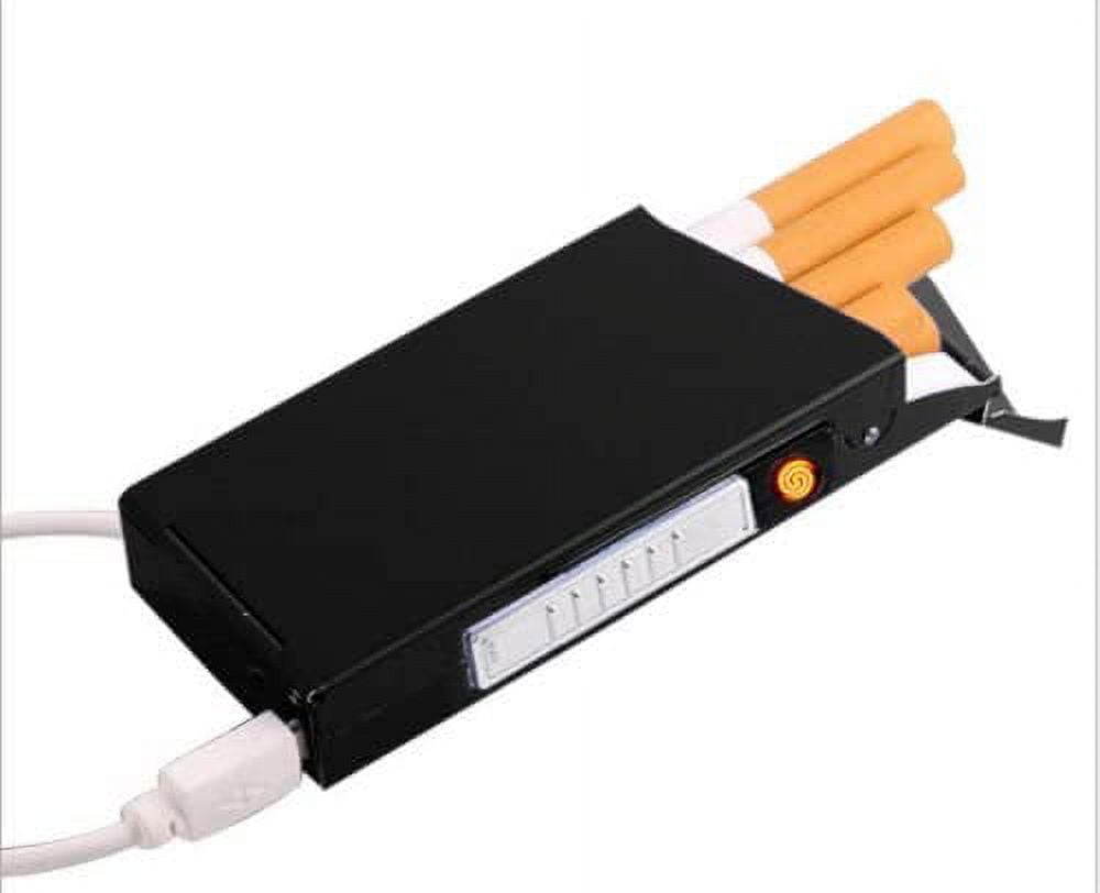 cigarette case with built in lighter for 100's USB Rechargeable Windproof Metal Electric Built-in Flame Less Lighter  Cigarette Cigar Storage Case- BLACK COLOR for 100s - GD-1376