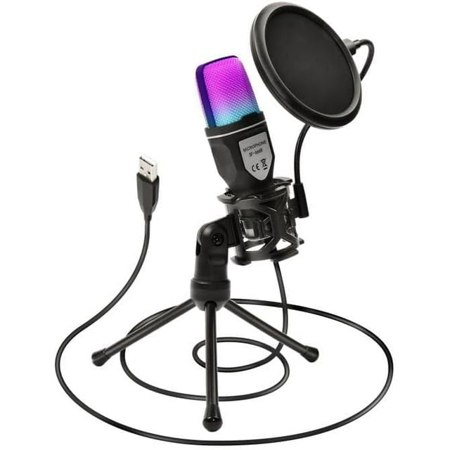 USB Recording Microphone, Streaming Podcast Microphone, RGB Light Computer Gaming Mic with Adjusable Tripod Stand Pop Filter For Vocal Recording Podcasting,Live Streaming,Computer,PC,Laptop Desktop