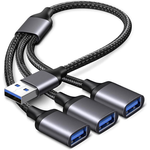 USB Splitter 1 in 3 Out, 1.15ft Splitter Y Cable 1 Male to 3 Female for Charging and Data Transfer, Nylon USB A Cable for PC, Laptop, MacBook, Keyboard, PS4, PS5