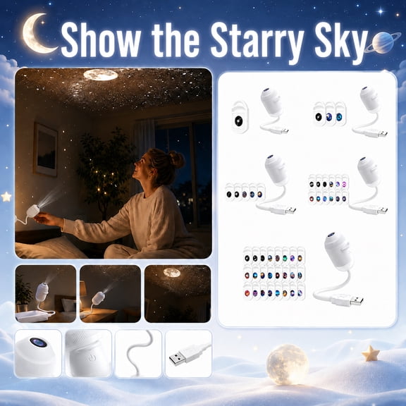 USB Star Holographic Night Light Projector, Portable Bedside Galaxy Lamp with 6 Films, 360° Rotating Ambient Nightlight for Bedroom, Soft Glow Ceiling Projector for Student Room