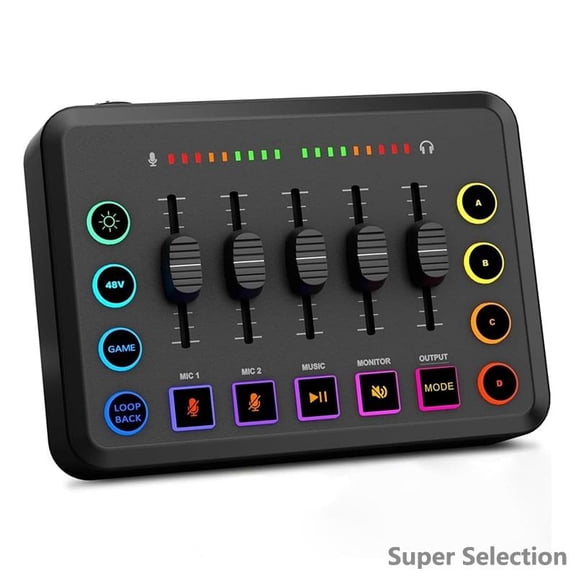 USB Streaming Audio Mixer, RGB Sound Card With XLR Microphone Interface & 48V Phantom Power, Volume Fader For PC Gaming, Live Stream, Podcast, Video Call On Windows/Mac,Black