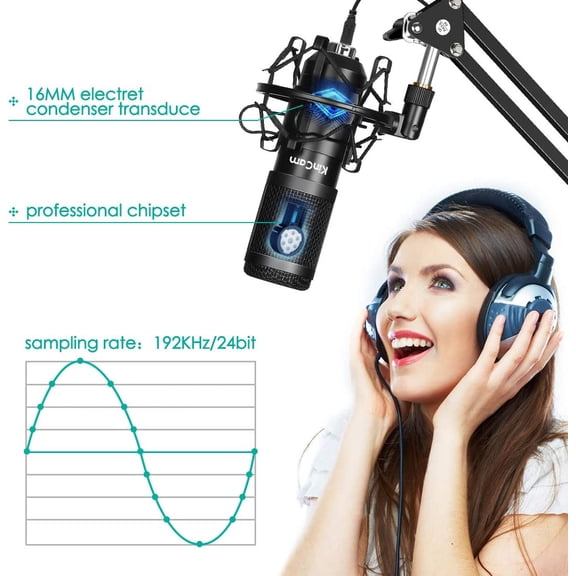USB Streaming Podcast Microphone Kit Professional 192KHZ/24Bit Studio Cardioid Condenser Computer PC Mic with Scissor Arm Shock Mount Stand Pop Filter for Music Recording Gaming