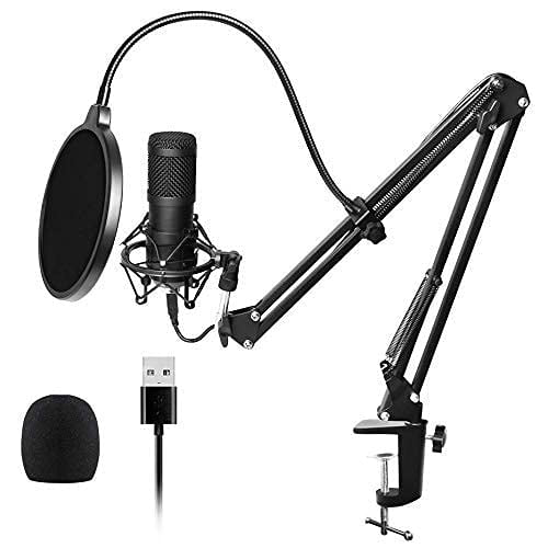 USB Streaming Podcast Pc Microphone Professional Studio Cardioid Condenser Mic Kit with Sound Card Boom Arm Shock Mount Filter,for Karaoke Gaming Recording