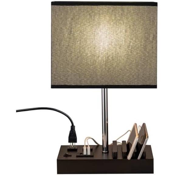 USB Table Lamp, Multi-Functional Bedside Desk Lamp with 2 AC Outlets, 3 USB Charging Ports and Wooden Phone Stand Organizer, Ideal Nightstand Lamp for Bedroom, Black Shade