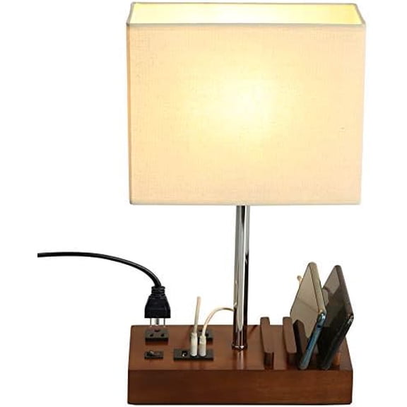 USB Table Lamp, Multi-Functional Bedside Desk Lamp with 2 AC Outlets, 3 USB Charging Ports and Wooden Phone Stands, Modern Nightstand Lamp for Bedroom, Guest Room, Office