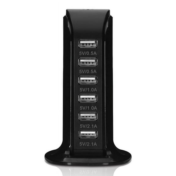 USB Tower Power Adapter 6-Port Smart IC Tech Charging Station with Quick Charge 2.1 for Phone, Tablets, and More (Black)
