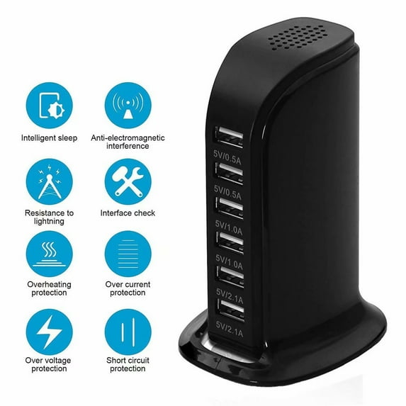 USB Tower Power Adapter 6-Port Smart IC Tech Charging Station with Quick Charge 2.1 for Phone, Tablets, and More