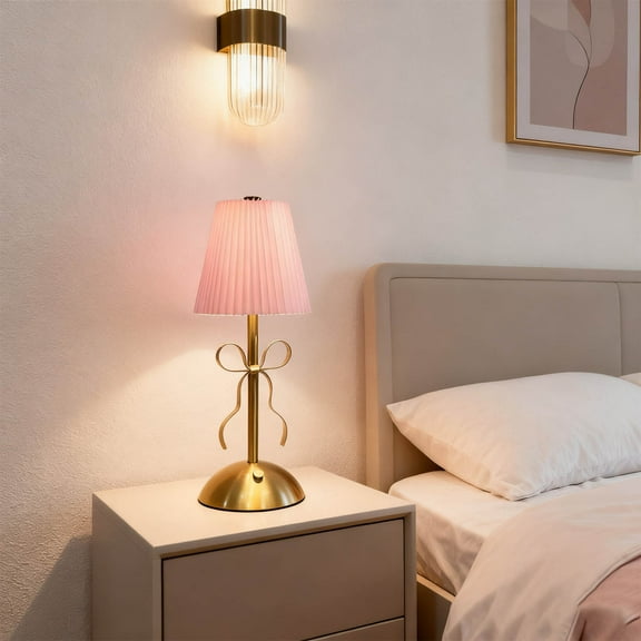 USB Tri-Color Rechargeable Bow Table Lamp, Metal Dimmable Ambient Light with Touch Control, Long Battery Life for Bedroom Dining Room Nightstand Home Decor, Pink