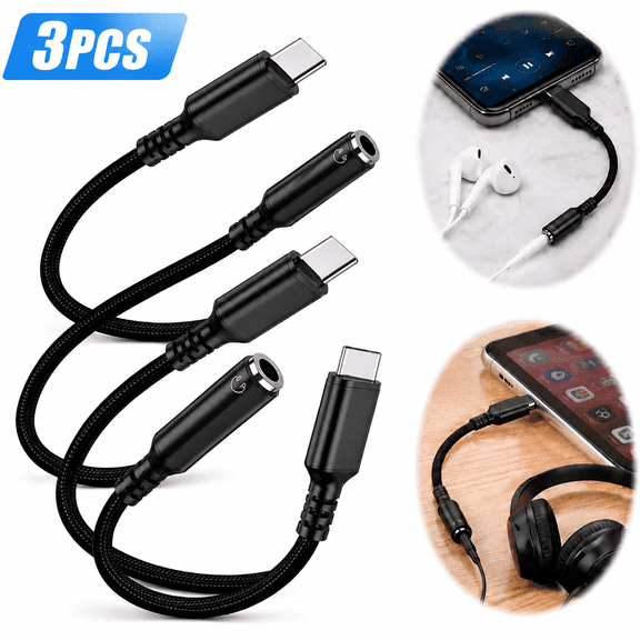 USB Type C to 3.5mm Female Headphone Jack Adapter, (3-Pack) USB C to Aux Audio Dongle Adapter Compatible with iPhone 16 Pro Max/15 Pro/15, Samsung Galaxy S25/S24/S23 Ultra, iPad Pro-Black