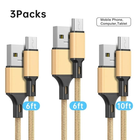 Cshidworld USB Type C Cable, (3-Pack 6/6/10FT) Nylon Braided Fast Charging Sync Cord Compatible iPhone 15/15 Pro Max Samsung Galaxy S10 S9 S8 Plus,Note 9 8, LG G7 V30S, Golden