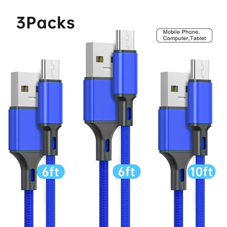 Cshidworld USB Type C Cable, (3-Pack 6/6/10ft) Nylon Braided Charging Cord Compatible to iPhone 15/15 Pro Max Samsung Galaxy S10 S9 S8 Plus,Note 9 8, LG G7 ,Google Pixel 2 XL,Blue