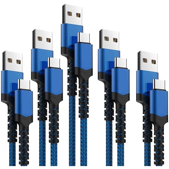 USB Type C Cable 5Pack (3/3/6/6/10FT) Nylon Braided Fast Charger Charging Cord Compatible Samsung Galaxy S9 S8 Note 9 8 Plus,LG V30 G6 G5 V20,Google Pixel, Moto Z2 (Navy&Blue)