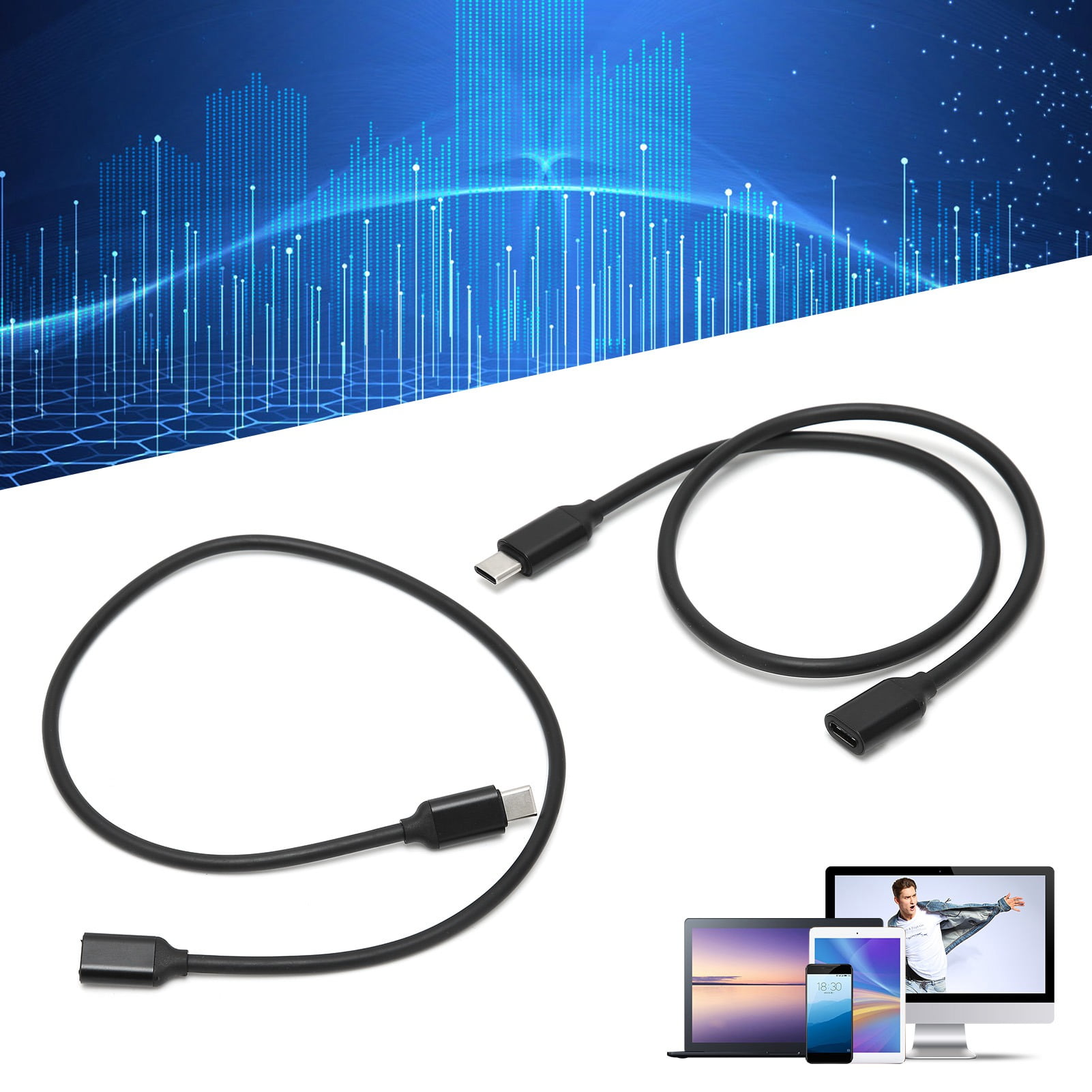 USB Type C Extension Cable, 2PCS 0.5m/1m/1.5m TypeC Male To Female PD