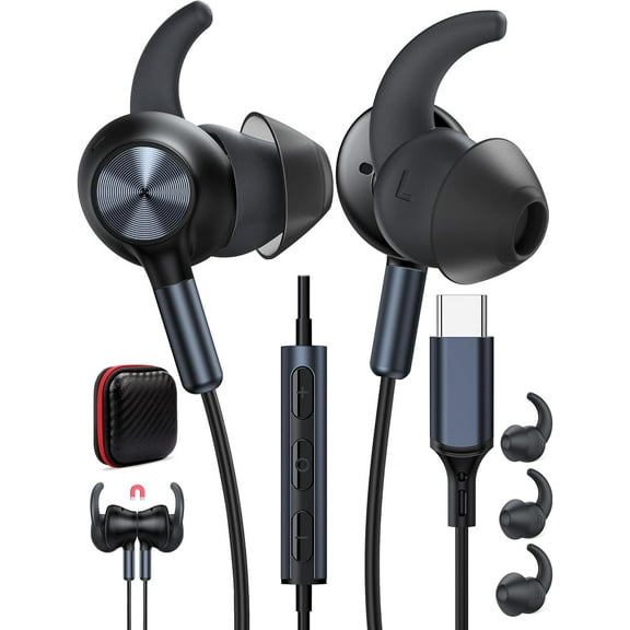 USB Type C Headphone 5FT Wired Earbuds Anti-Loose Wingtip Noise Canceling in-Ear Earphone with Mic for iPhone 17 Pro Max 16e 16 15 Plus School Corded Headset for iPad A16 Samsung A17 S25 S24 Pixel 10