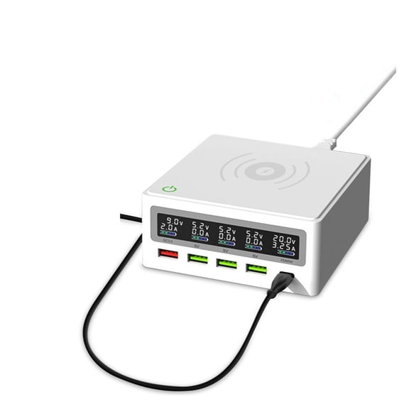 USB Type C PD Charging Station 65W Power Adapter With LCD Qi Wireless Charger Cellphone Fast Charger Station For Laptop Tablet Usb Charger ,No More Cable Clutter