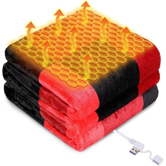 USB Powered Heated Throw Blanket for Women, 50" X 60" 9V 18W Portable Black Red Grid Electric Heating Blanket with 3 Heat Settings,8-Zone Graphene Heating Blankets for Couch Car Office Outdoor