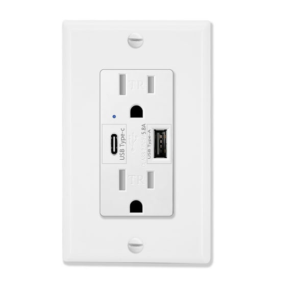 USB Type C Wall Outlet, GREENCYCLE Dual High Speed Duplex Receptacle 15 Amp, 5.8A USB C &A Charging, Tamper Resistant Wall Plate Included UL Listed, Not for laptops, 1 pack