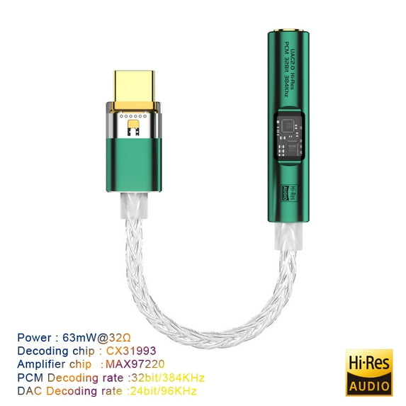 USB Type C to 3.5 mm Jack Adapter Headphone Amp HiFi DAC USB C Audio AUX Converter Decoder CX31993 MAX97220 PCM 32Bit 384KHz (Blackish Green)