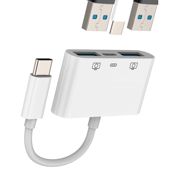 USB to USB C Adapter Cable for Apple Macbook (3in1) Splitter OTG Charger Thunderbolt Male for iPhone 16 15 Pro Max Converter Car Port Connector Adaptor Double Charging Cord Dual USB-a Female Android