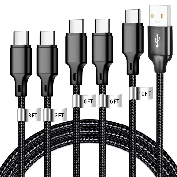 USB A to USB C Charger Cable, 5 Pack [3/3/6/6/10ft] Type C Fast Charging Cord High Data & Transfer Wire Compatible for iPhone 17/16/15 Plus/Pro Max iPad Pro Air Ps5 controller Samsung Galaxy(Black)
