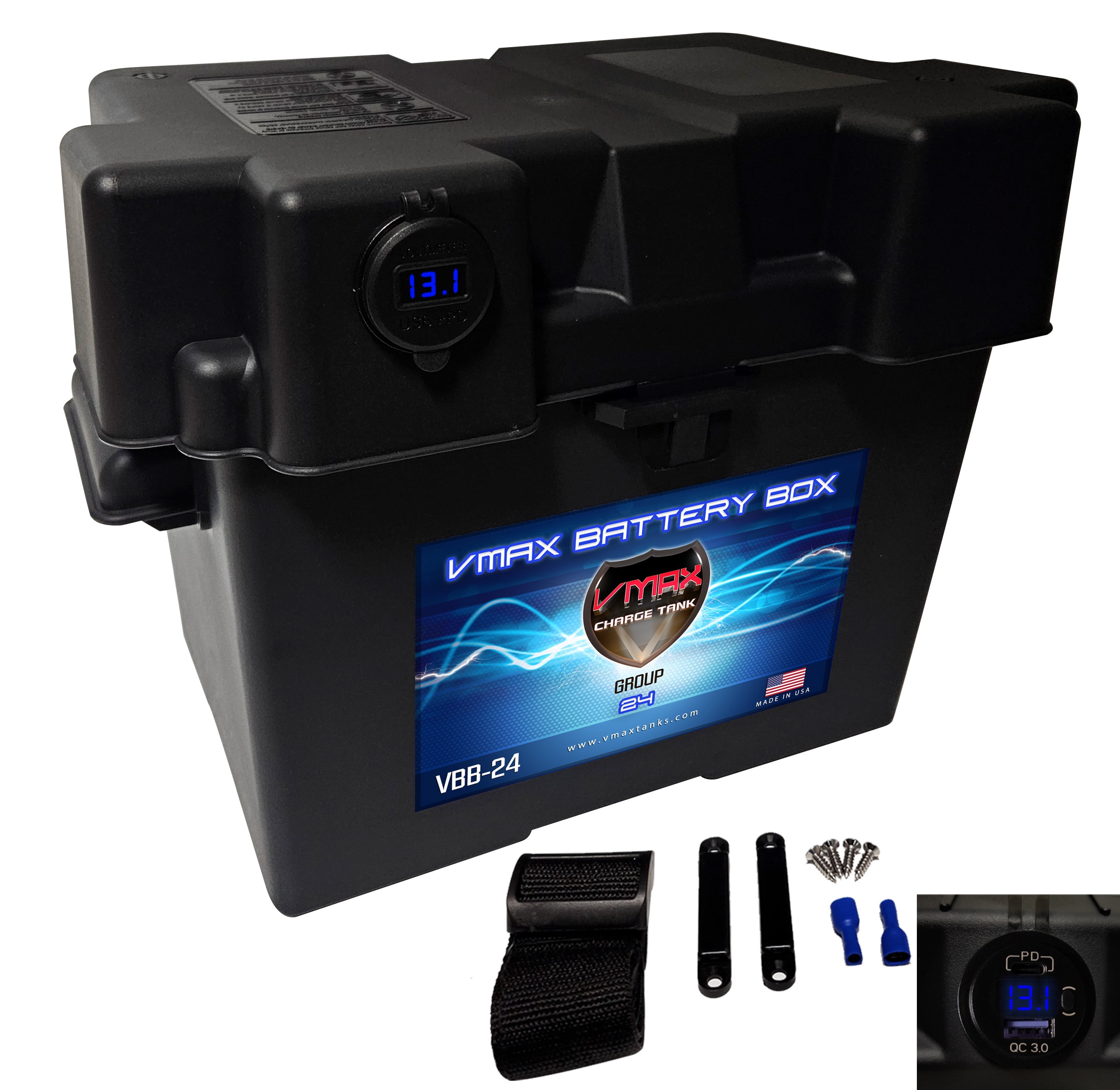 USB/USB-C Voltmeter GROUP 24 Smart Battery Box with Mounting Strap for Home and Boats