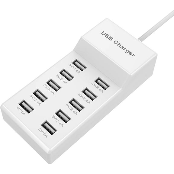 USB Wall Charger 10-Port USB Charger Station with Rapid Charging Auto Detect Technology Safety Guaranteed Family-Sized Smart USB Ports for Multiple Devices Smart Phone Tablet Laptop Computer