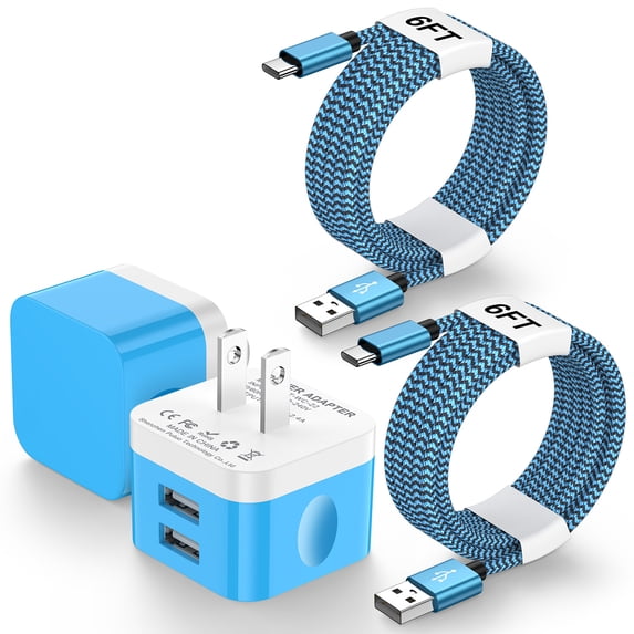 USB Wall Charger,2 Pack Type C Charger with 6FT Type C Charging Cable Cord USB C Cable Phone Cables,2.4A Dual Port Phone Charger Android Charger Block USB Plug Adapter USB Charging Block,Blue