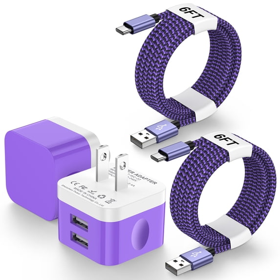 USB Wall Charger,2 Pack Type C Charger with 6FT Type C Charging Cable Cord USB C Cable Phone Cables,2.4A Dual Port Phone Charger Android Charger Block USB Plug Adapter USB Charging Block,Purple