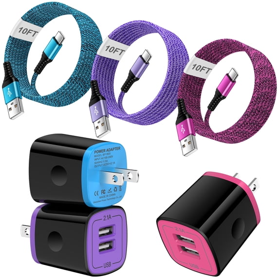 USB Wall Charger, 3 Pack HOOTEK Type C Block with 10FT USB C Charging Cable USB Cables, 2.1A Dual Port Android Charger Block USB Brick Charger Box Fast Charging Block Phone Charger for Samsung, Pink