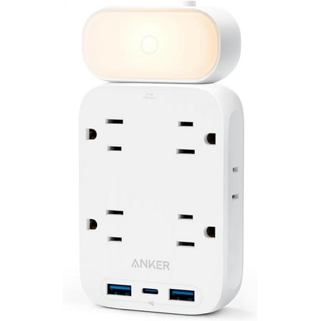 USB Wall Charger,Anker 6 Outlet Extender with 2USB A, 1USB C Ports,Built-in Lamp and Overload Protector with Stable and Rotating Plug, Multi Plug Adapter Spaced for Home Travel Office,TUV Listed
