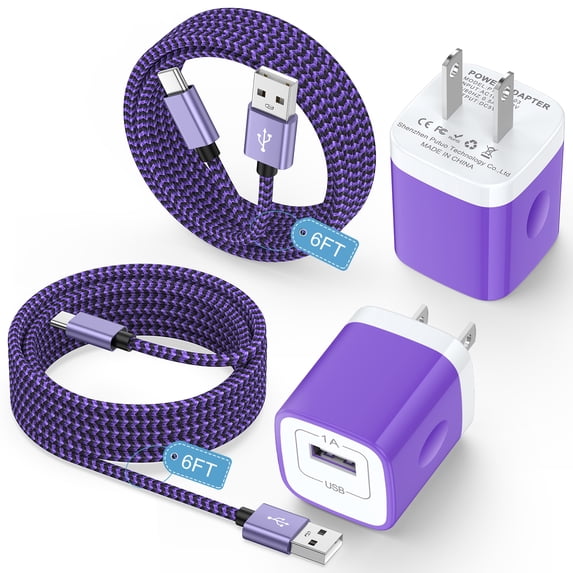 USB Wall Charger Block, 2 Pack Type C Charger with 6FT USB C Charging Cable Type C Cable Cord USB to Usb C Cable, USB Charging Block Android Charger USB Brick USB Plug Adapter[Purple]