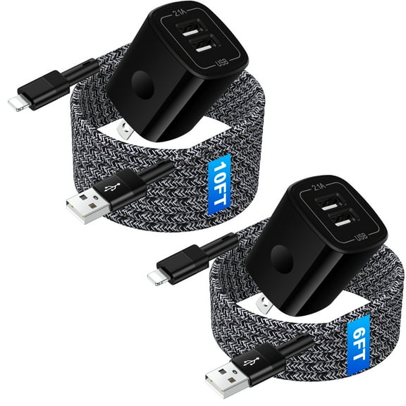 USB Wall Charger Block,2Pack 2.1A Dual USB Charger Block Adapter&iPhone Charger Cable Cord 6ft Multi Charging Cables 10ft Fast Charging Block USB to Light-ning Cable 6ft 10ft Compatible for iPhone 14
