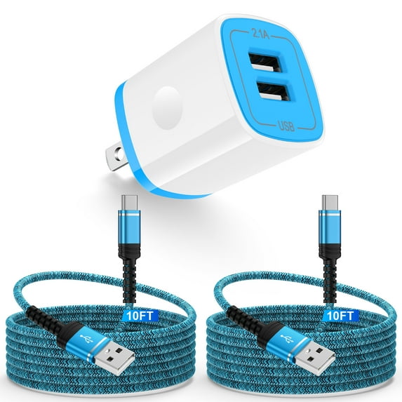USB Wall Charger Block,ABCPOW 2.1A Dual Port USB Charger Block Plug with 2PACK Android Phone Charging Cord Type C Cable USB C Charger Cables 10ft USB Brick Charger Adapter Fast Charging Block,Blue