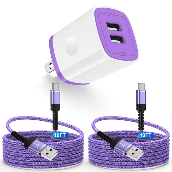 USB Wall Charger Block,ABCPOW 2.1A Dual Port USB Charger Block Plug with 2PACK Android Phone Charging Cord Type C Cable USB C Charger Cables 10ft USB Brick Charger Adapter Fast Charging Block,Purple