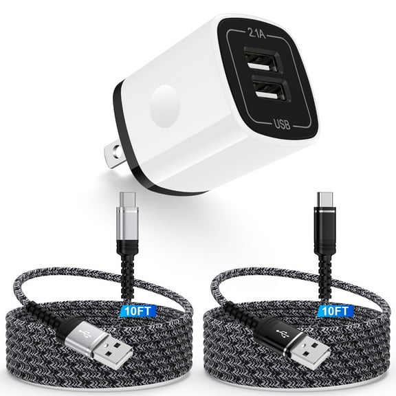 USB Wall Charger Block,ABCPOW 2.1A Dual Port USB Charger Block Plug with 2PACK Android Phone Charging Cord Type C Cable USB C Charger Cables 10ft USB Brick Charger Adapter Fast Charging Block,Black