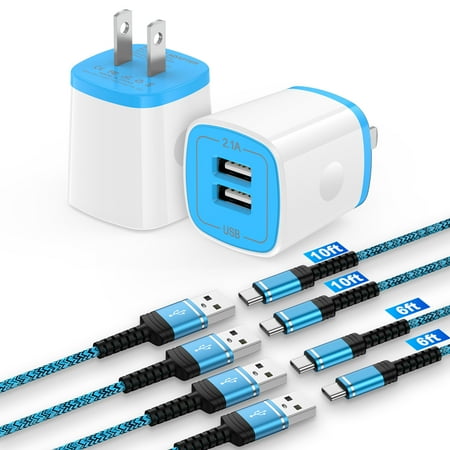 USB Wall Charger Block,ABCPOW 2PCS 2.1A Dual Port USB Charger Block with 4PACK Android Phone Charging Cord Type C Cable USB C Charging Cables 6ft10ft USB Brick Charger Box Fast Charging Block,Blue