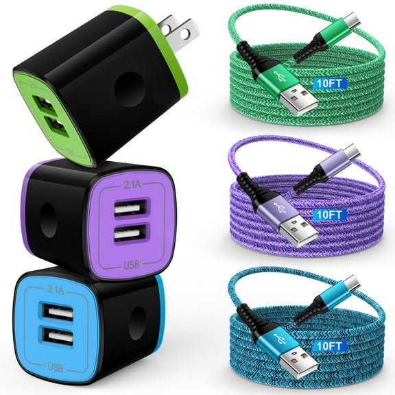 USB Wall Charger Block,ABCPOW 3Pack 2.1A Dual USB Charger Block with 3PCS Android Type C Charger Cable 10ft Phone Charging Cord USB C Charging Cables USB Brick Wall Charger Adapter Fast Charging Block