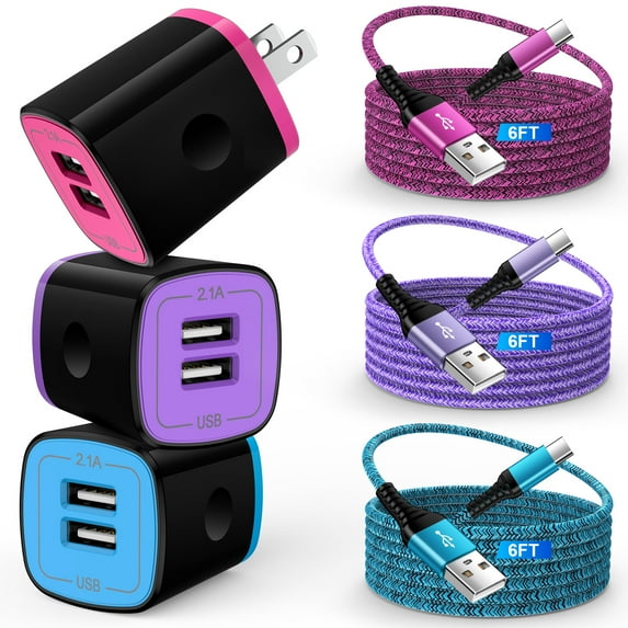 USB Wall Charger Block,ABCPOW 3Pack 2.1A Dual USB Charger Block with 3PCS Android Type C Charger Cable 6ft Phone Charging Cord USB C Charging Cables USB Brick Wall Charger Adapter Fast Charging Block