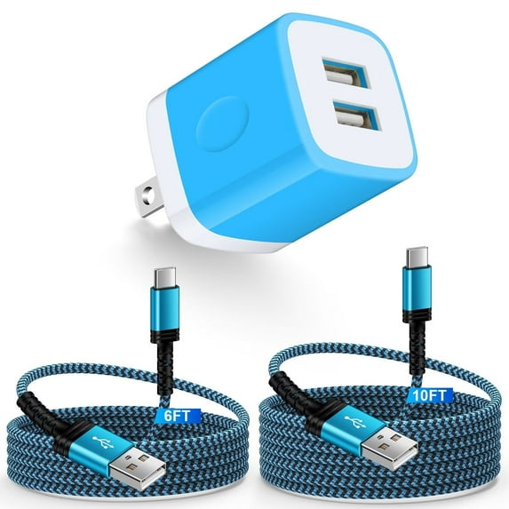 USB Wall Charger Block,FiveBox 2.1A Dual Port USB Charger Block with 2PACK Android Phone Charging Cord Type C Cable USB C Charging Cables 6ft10ft USB Brick Charger Box Fast Charging Block(Blue)