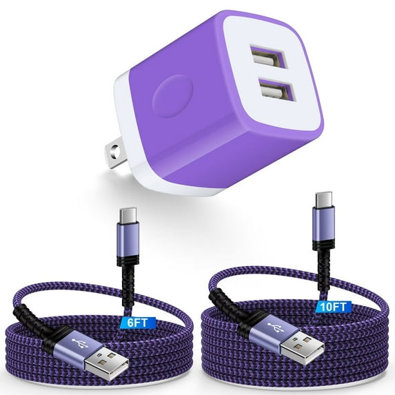 USB Wall Charger Block,FiveBox 2.1A Dual Port USB Charger Block with 2PACK Android Phone Charging Cord Type C Cable USB C Charging Cables 6ft10ft USB Brick Charger Box Fast Charging Block(Purple)