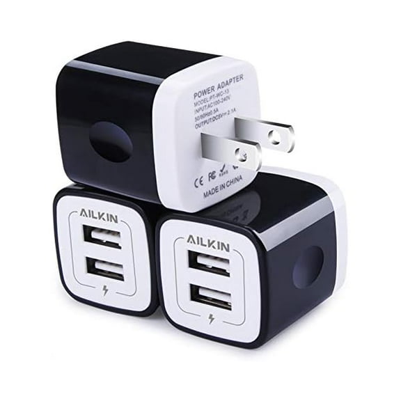 USB Wall Charger, Charger Adapter, Ailkin 3-Pack 2.1Amp Dual Port Fast Charging Plug Cube Box Block Brick Base for iPhone 15 14 Pro 13 12 SE XS 8 Plus, Samsung Galaxy, LG, Moto, Kindle Power Adapter